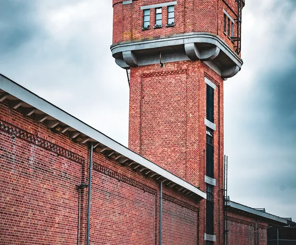 Industrial red brick tower and structure detail